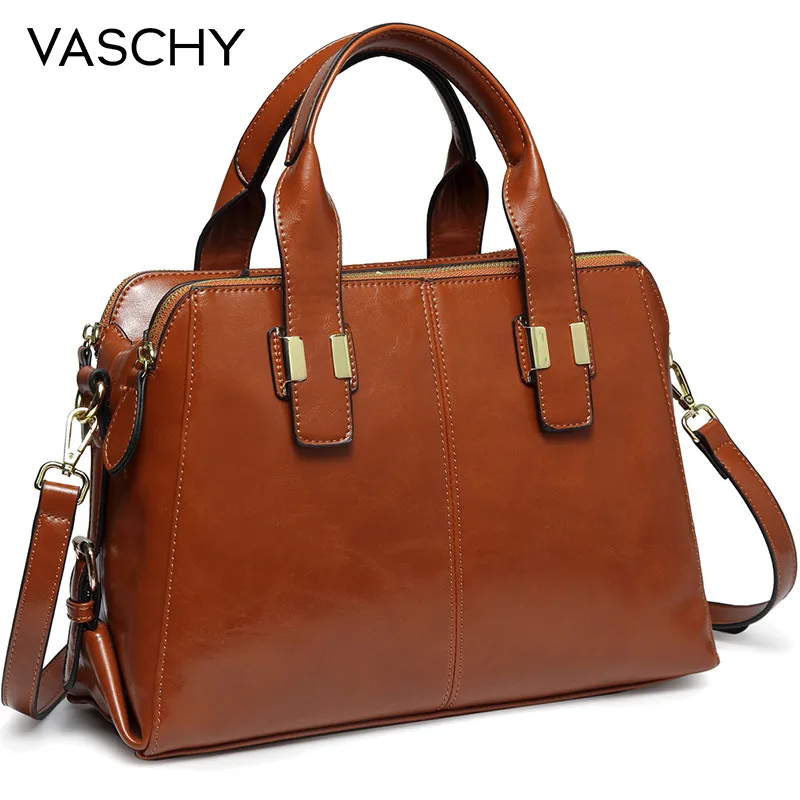 Brown VASCHY Patent Leather Satchel Bag for Women Fashion Top Handle Handbag Work Tote Purse with Triple Compartments Briefcase - Цвет: Brown