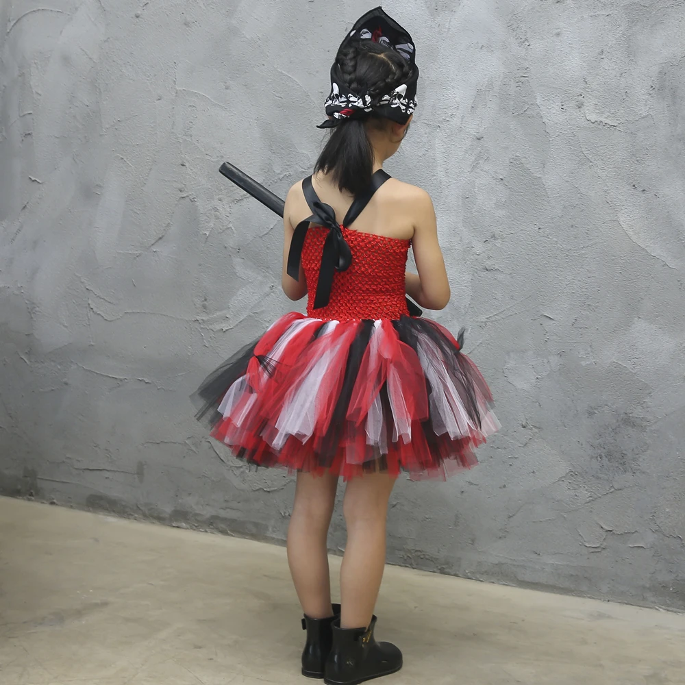 Red and Black Girls Pirate Tutu Dress with Kerchief Halloween Cosplay Costume for Kids Party Children Clothes | Детская одежда и