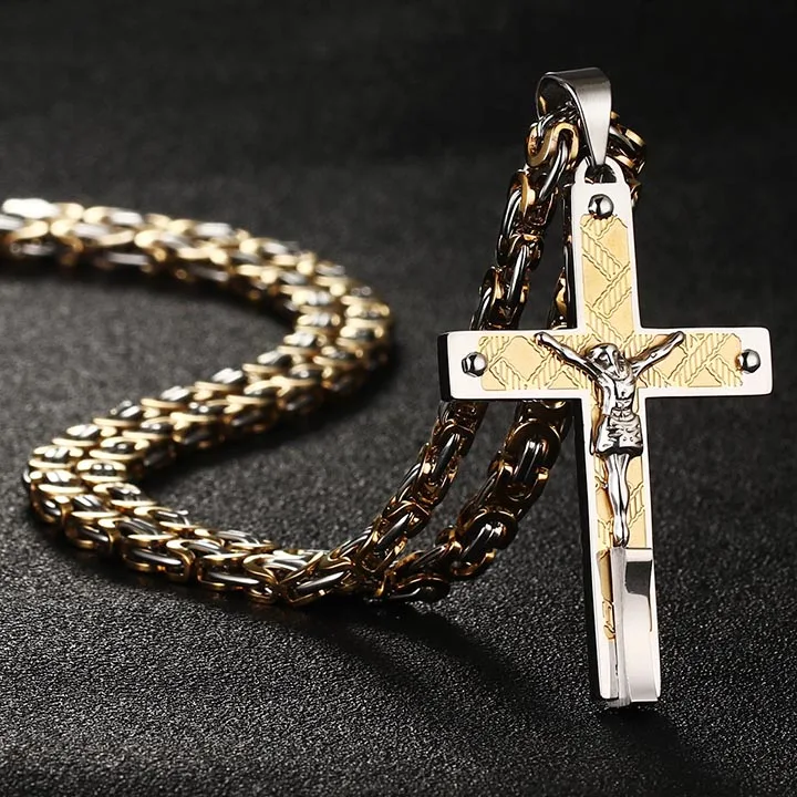 Gold Silver Tone Мужская Византийская цепь ожерелье s Нержавеющая сталь подвесной крест с распятием ожерелье Иисус кусок 22-2" Длинные мужские ювелирные изделия подарки NC015 - Окраска металла: Gold Silver Tone