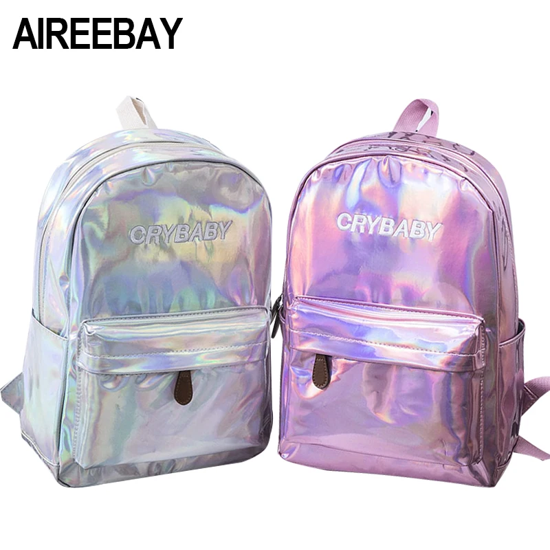 Женский голографический рюкзак AIREEBAY черный серебристый с голограммой для