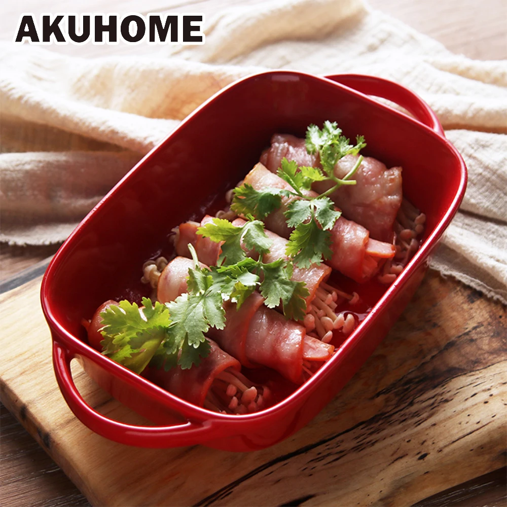 

Creative Red Ceramics Plate Rectangular Ceramic Baking Tray Salad Dish AKUHOME