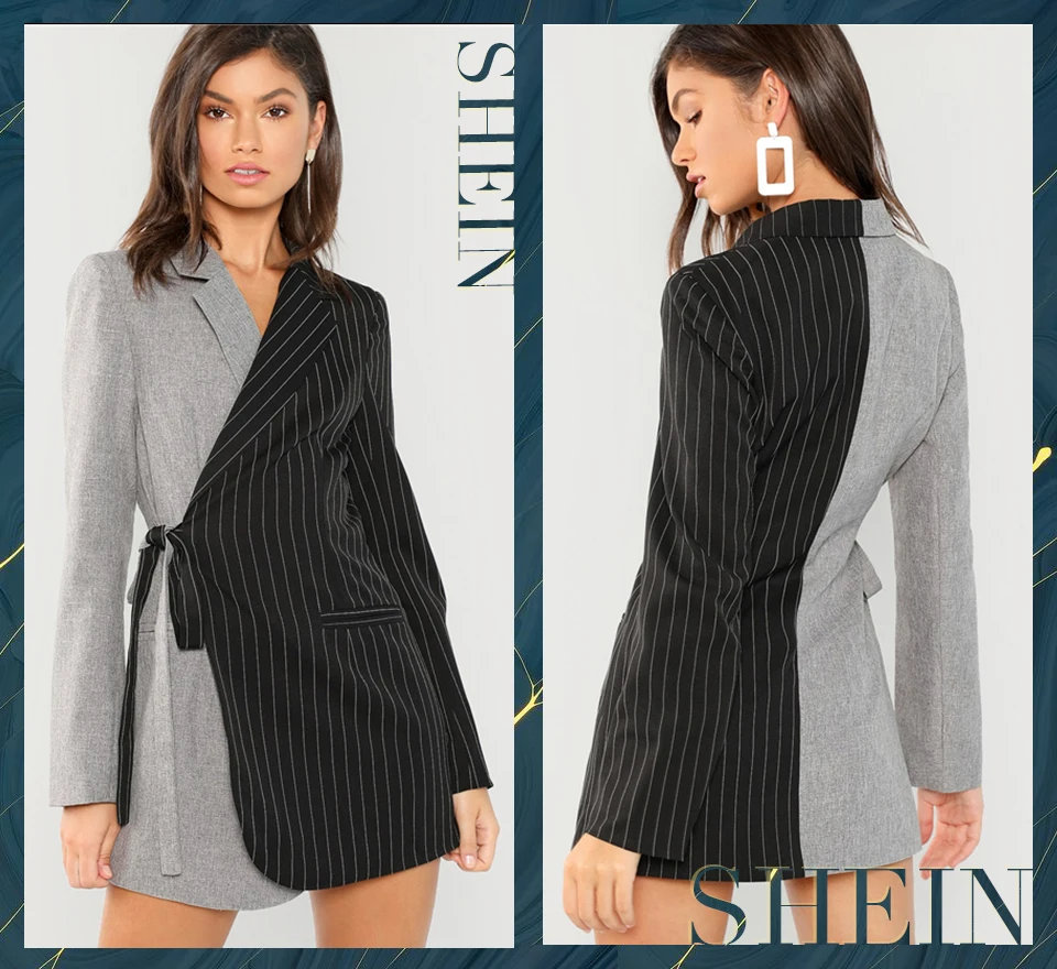 SHEIN Контрастный Блейзер На Запах С V-образным Вырезом Элегантные Женские Осенние Блейзеры