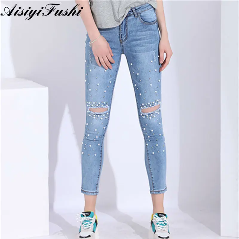 джинсы женские Жемчужные Джинсы с середины талии высокое качество рваные узкие Капри для женщин