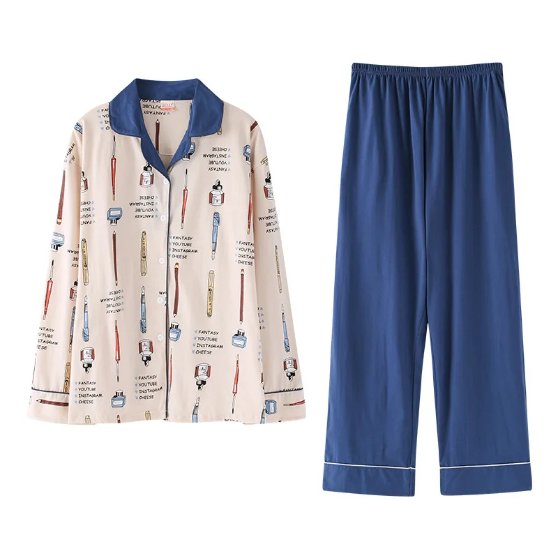 

Women new spring and autumn cotton Korean cardigan ladies long sleeve pants large size fertilizer two peice pajama sets pajamas