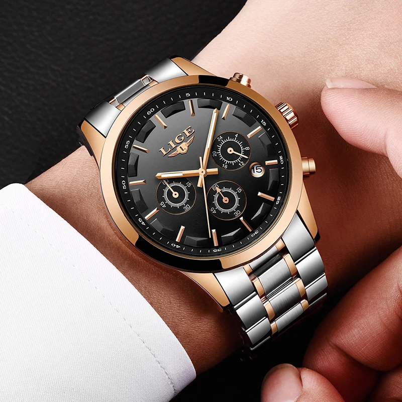 LIGE часы мужские уникальный дизайн люксовый бренд спортивные военные нержавеющей