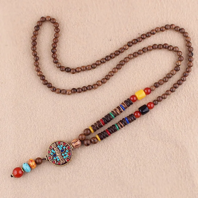 SEDmart Retro Ethnic Wood Lotus Buddha Beads Pendant Necklaces Women Nepalese Mantra Wooden/Glass Beaded Sweater Necklace Gifts | Украшения