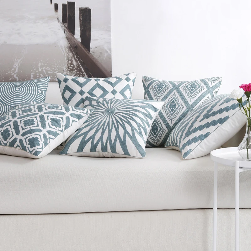 Home Decor Embroidered Cushion Cover One Side Printing White Blue Green Square Embroidery Pillow Cover 45x45cm