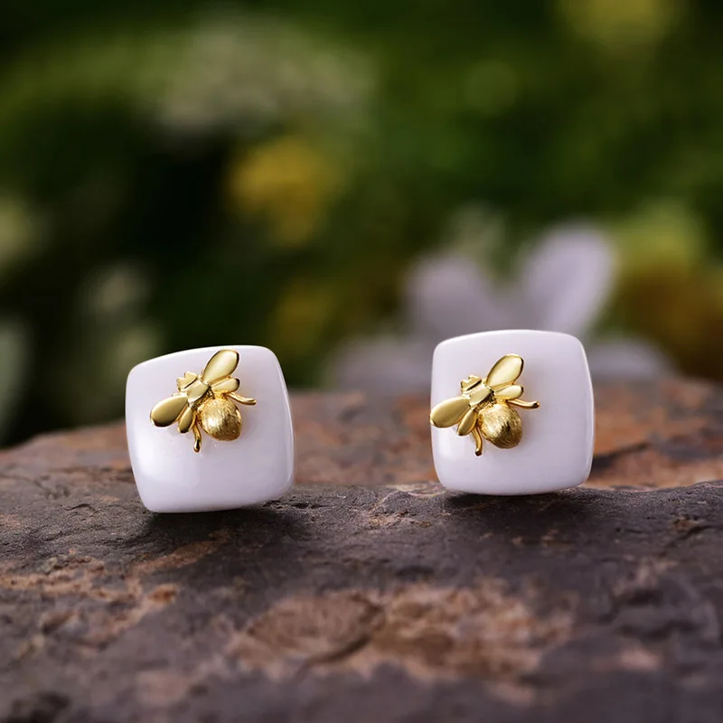 Lotus Fun, настоящее 925 пробы, серебряные серьги, ручной работы, дизайнерские, хорошее ювелирное изделие, 18 К, золото, пчела, поцелуй из розы, серьги-гвоздики для женщин - Цвет камня: White Nano Ceramics