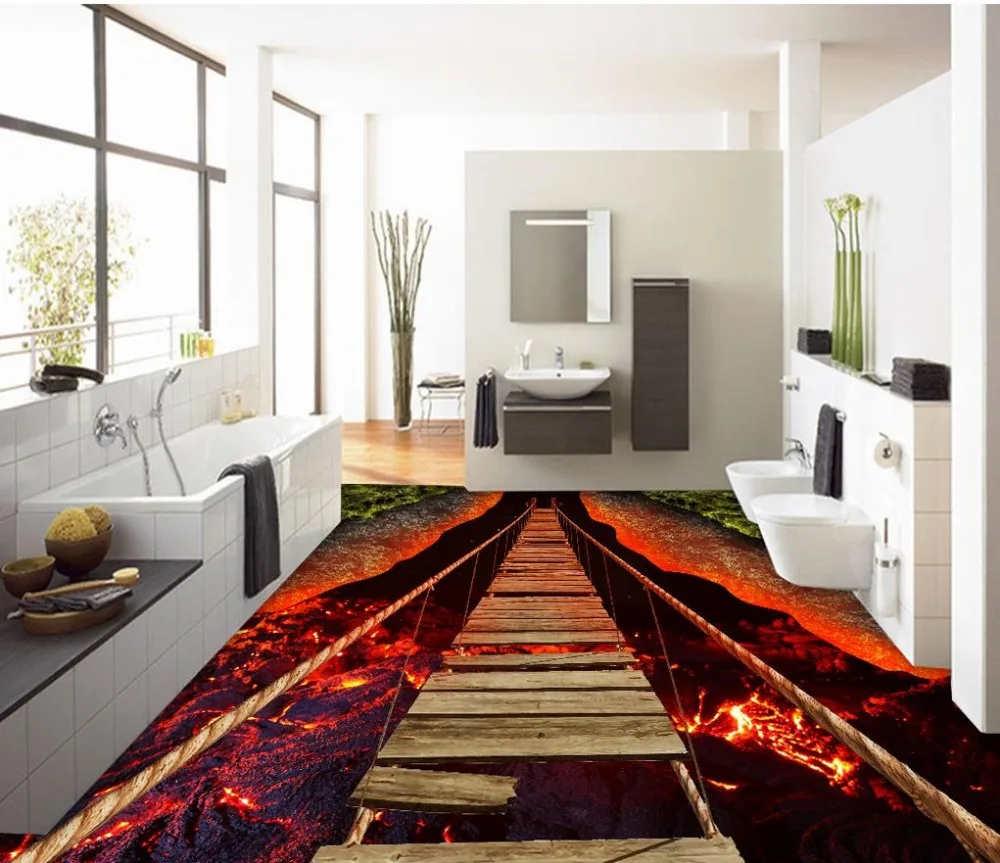 Фото обои для пола стены на заказ 3D стереоскопический мост вулканическая лава