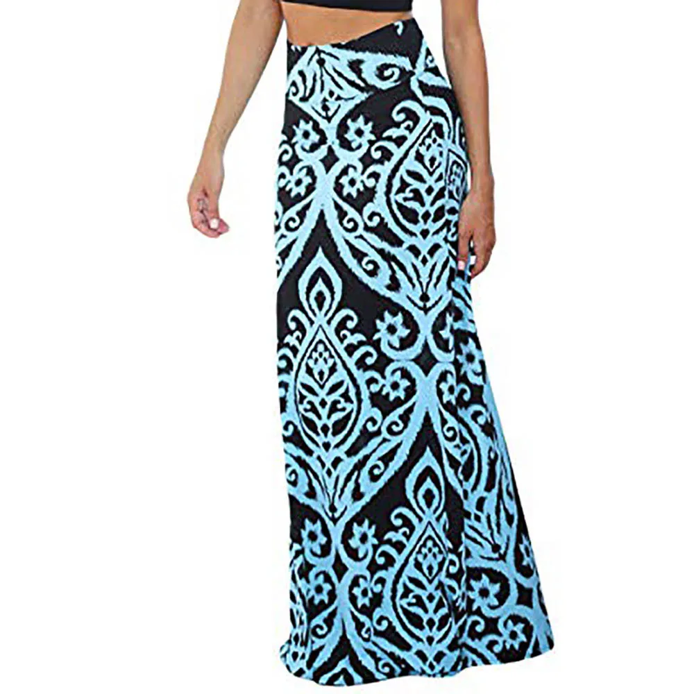 Ladies Printed Empire Floor-Length Skirt Fashion Womens Vintage Casual Coral Print High Waist Skater Skirt Long Maxi Skirt#C
