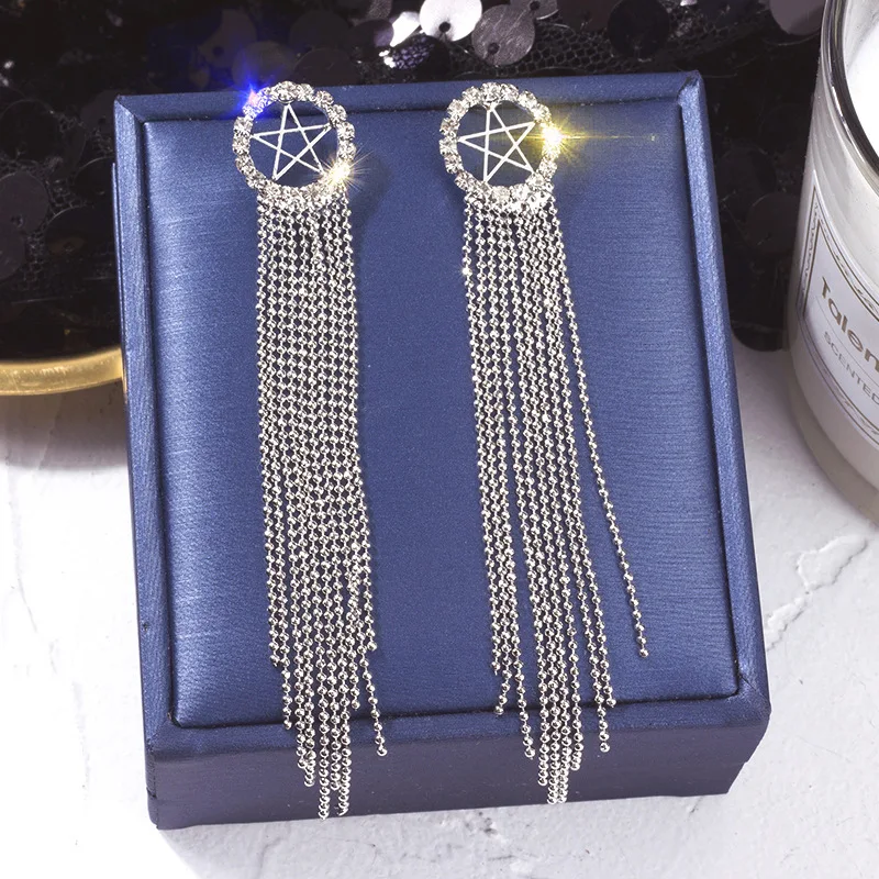 FYUAN модные длинные кисточки Кристаллы серьги Роскошные Стразы с пентаграммой