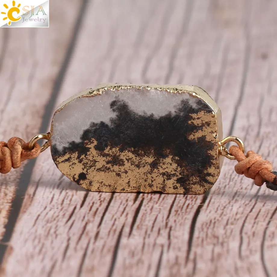 CSJA Boho браслет из натуральной кожи для женщин белый кристаллический натуральный