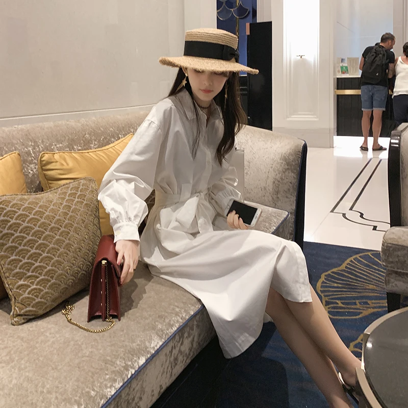 Mishow 2019 Весенное осенное белое платье-рубашка Платье А-силуэт для леди с длинными