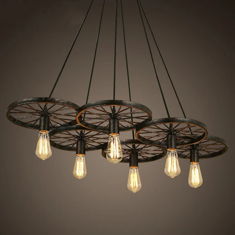 

Vintage Loft Crative Pendant Light With LED Bulbs For Restaurant Bar American Country Style Iron The Wheels Shape Lamps Lustri