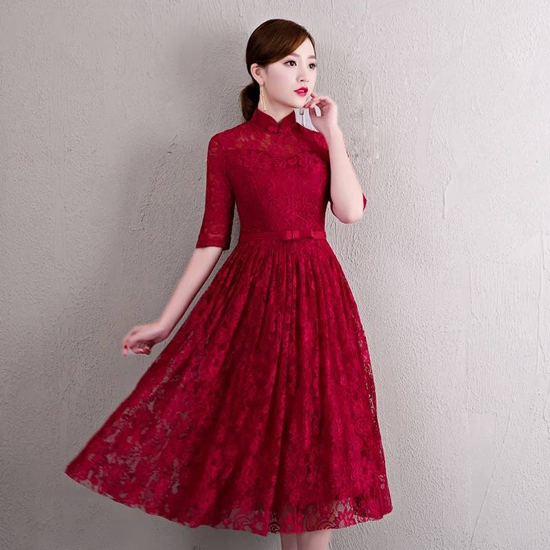 Китайское платье Qipao красное вино вечерние платья новая мода длинное кружевное вечернее платье невесты восточные Свадебные платья Cheongsam