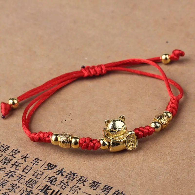 Модный браслет с красной нитью Lucky Gold Fortune Cat Kabbalah красные плетеные браслеты