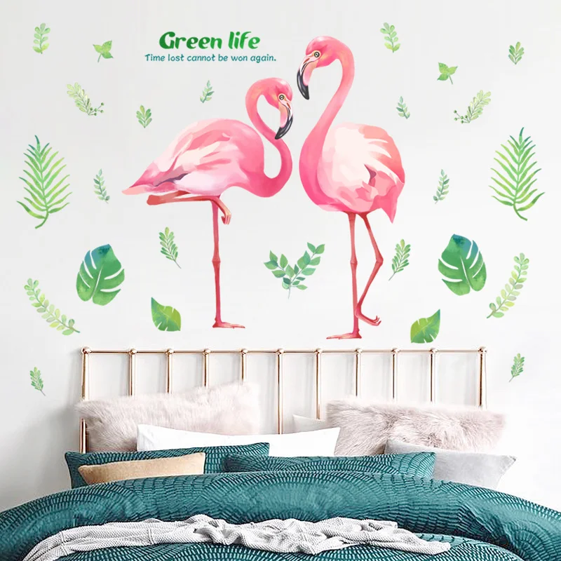 

Pink Romantic Flamingo Wall Stickers Home Decor Living Room Green Life Wall Art DIY Modern Wall Decals Living Room Bedroom