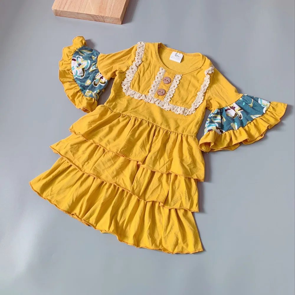 2018 New Mustard yellow dress Girl's Pockets regular clothing A popular dresses for kids cotton ruffled baby girl frocks | Детская