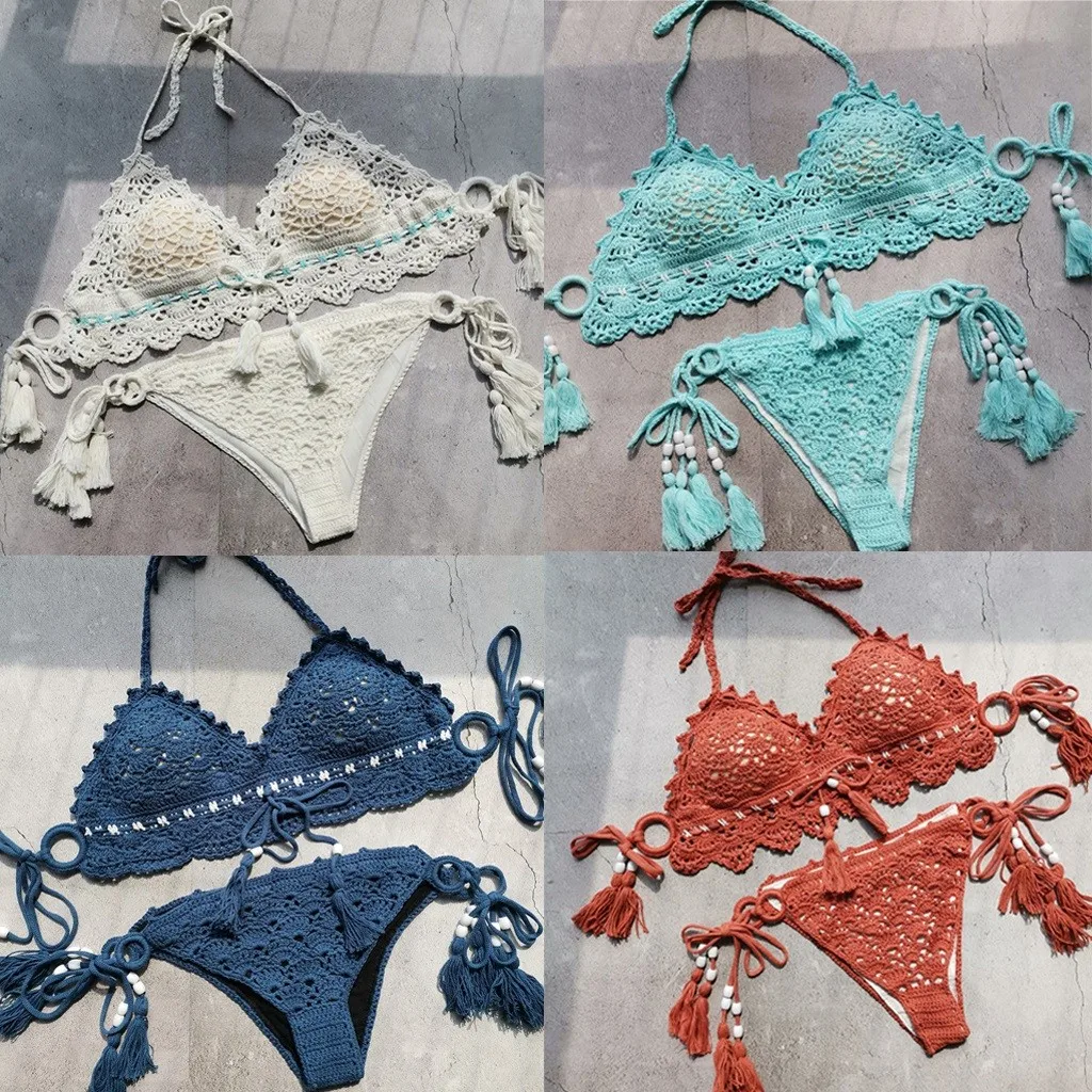 Женский купальник бикини белый ручной вязки с крючком Z412 2019|Спортивные костюмы| |