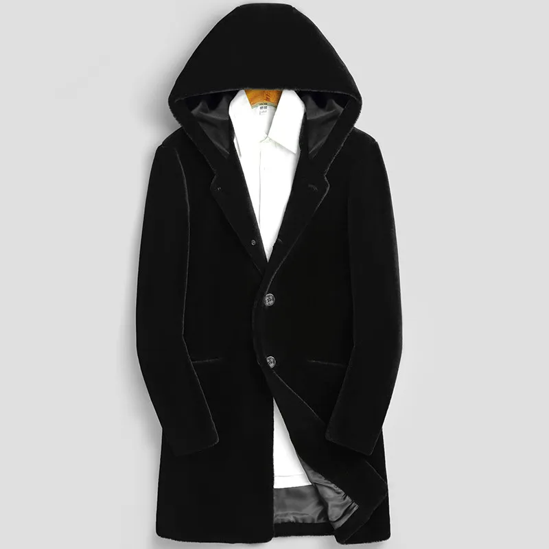 Black-button AYUNSUE, натуральное меховое пальто, мужское, Овечья стрижка, шерстяное пальто, зимняя куртка, мужское длинное пальто, мех с капюшоном, настоящая кожа, Erkek, Монт, KJ806 - Цвет: Black-button