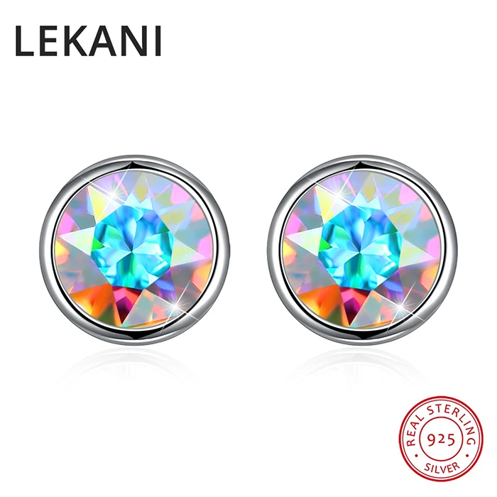 Простые круглые серьги-гвоздики LEKANI с кристаллами Swarovski, Серебро S925 пробы для женщин, девушек, мужчин, унисекс, для пирсинга, аксессуары на каждый день, подарок - Цвет камня: Crystal AB