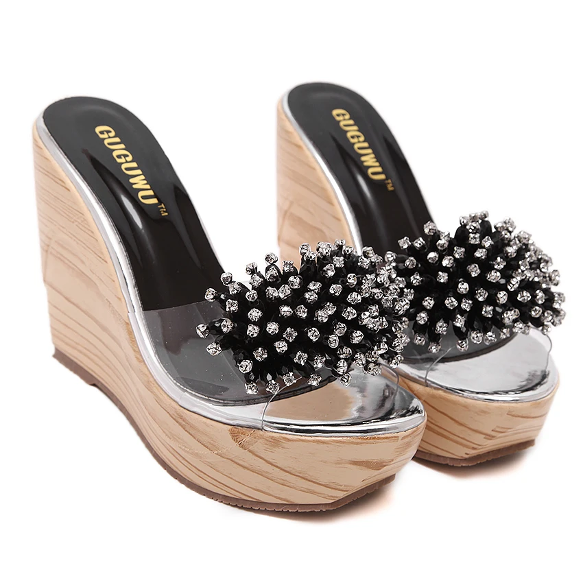 Летние модные жемчужные стразы Рыбацкая открытым носком босоножки на танкетке