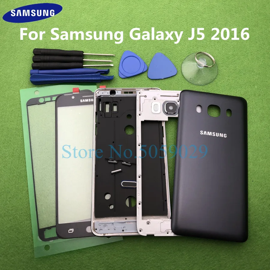Для Samsung Galaxy J5 J510 J510 полный корпус Корпус рамка средняя рамка задняя крышка Батарейная дверь+ передняя стеклянная лупа