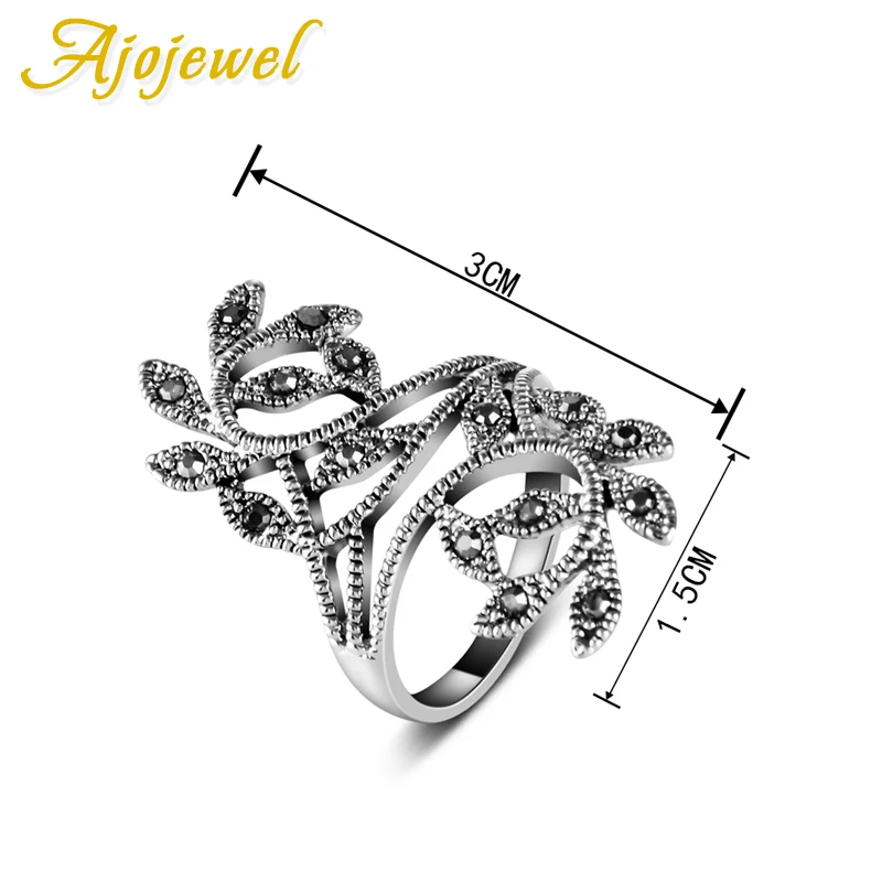 

Ajojewel Brand Size 6-9 Hot Sale Zinc Alloy Black CZ Retro Vintage Leaf Ring For Women