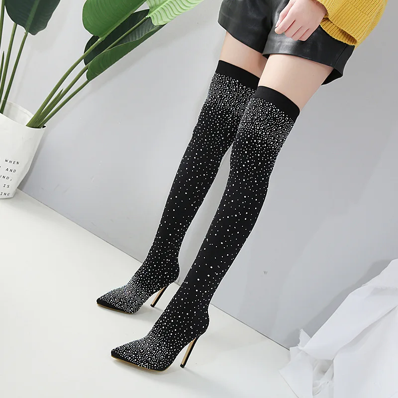 

XEK 2019 Fashion Runway Crystal Stretch Fabric Sock Boots Pointy Toe Over-the-Knee Heel Thigh High Pointed Toe Woman Boot XYW57
