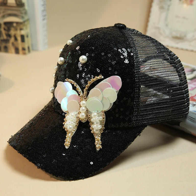 Luxury Women Baseball Cap Brand Bling butterfly Pearl Sequins Hip Hop Cap Vintage Snap Back Design Cap Casual Snapback Hat New