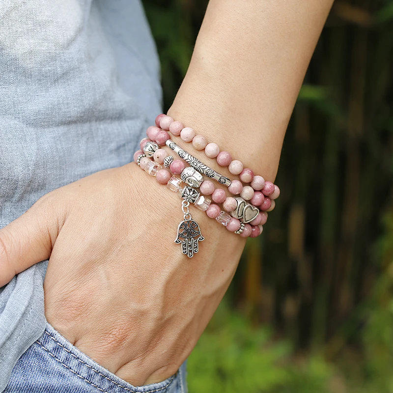 Натуральные Бусы из родохрозита 6 мм женский браслет Lotus OM Buddha Charm Yoga 108 Mala Necklace