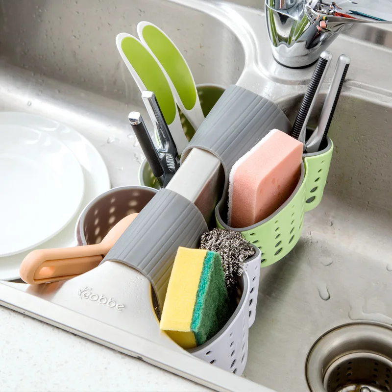 Висит раковина сумка для хранения Регулируемый двойной Слои губка держатель