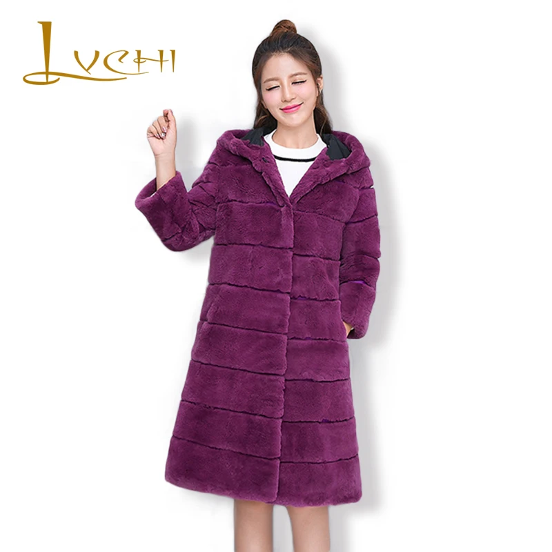 

LVCHI 100% Natural Rabbit Turn-down Winter Thin Warm Rabbit Fur Fashion Casual Slim Bodycon Rabbit Coats Hat White Long Overcoat