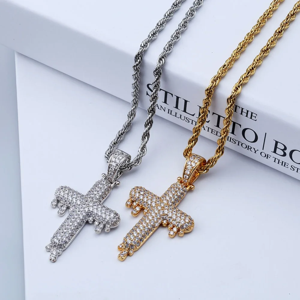 TOPGRILLZ Men's Hip Hop Religious Drop Cross Pendant Necklace Gold Silver Color Cubic Zircon Jewelry Necklaces Gifts Rope Chain |