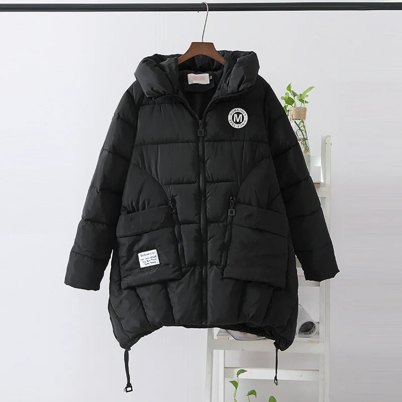 MINWLJ брендовая одежда размера плюс 3XL 4XL Зимняя парка женская одежда черного цвета с капюшоном и воротником из хлопка 136