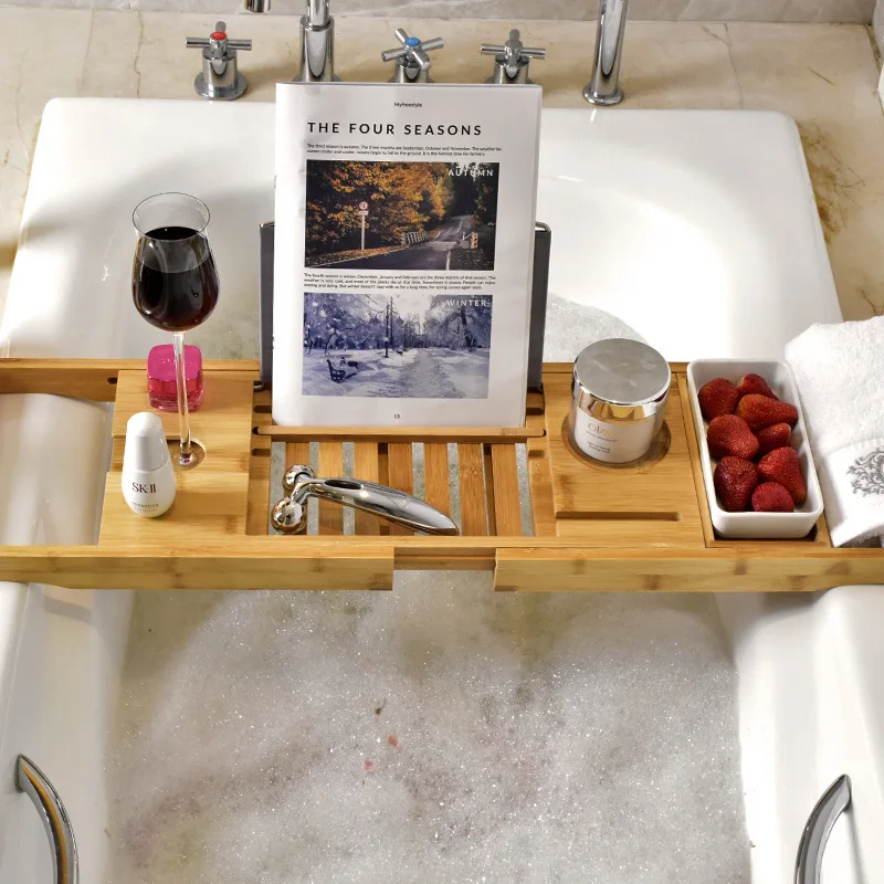 

ITAS3116 Mobile phone holder multifunction skid resistance shelf bamboo bathtub shelf extension-type bathroom shelves