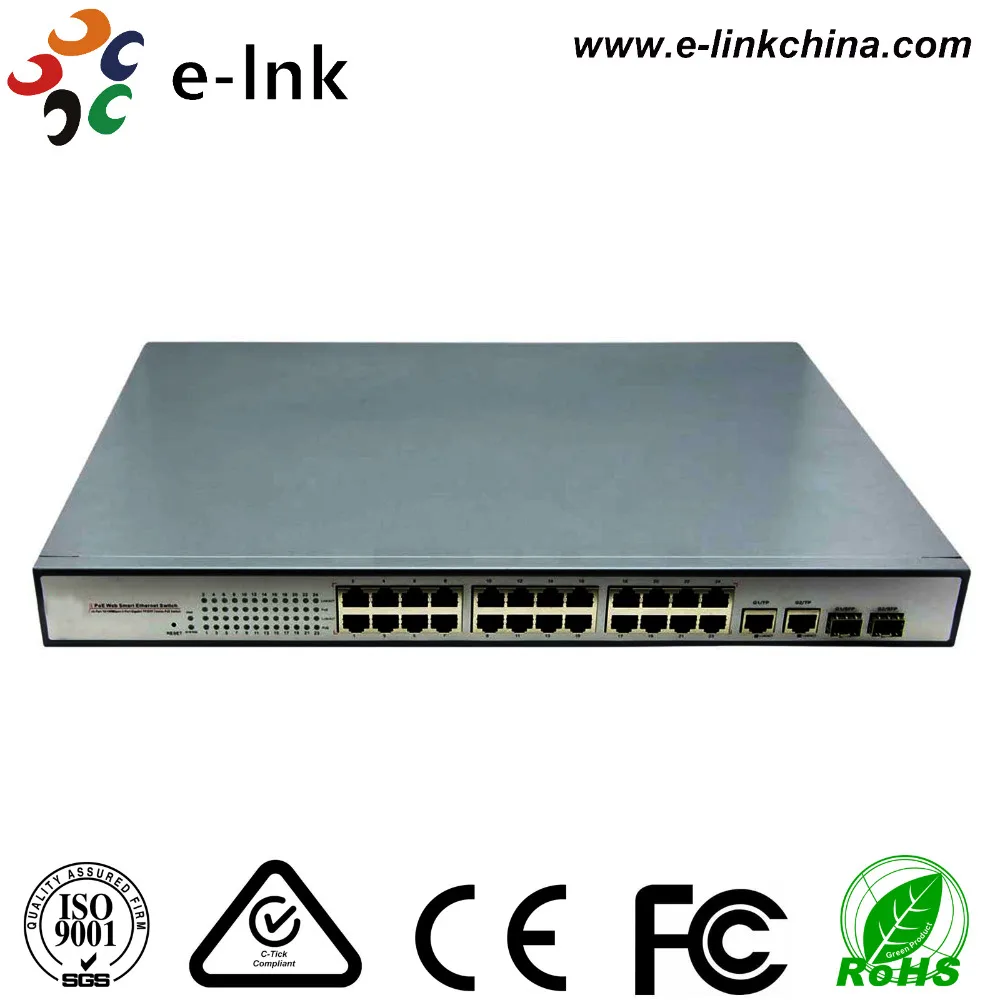 

24x 10/100M Ethernet ports + 2x Gigabit TP/SFP combo ports IEEE802.3at, 25.5W, managed 24-Port PoE Switch