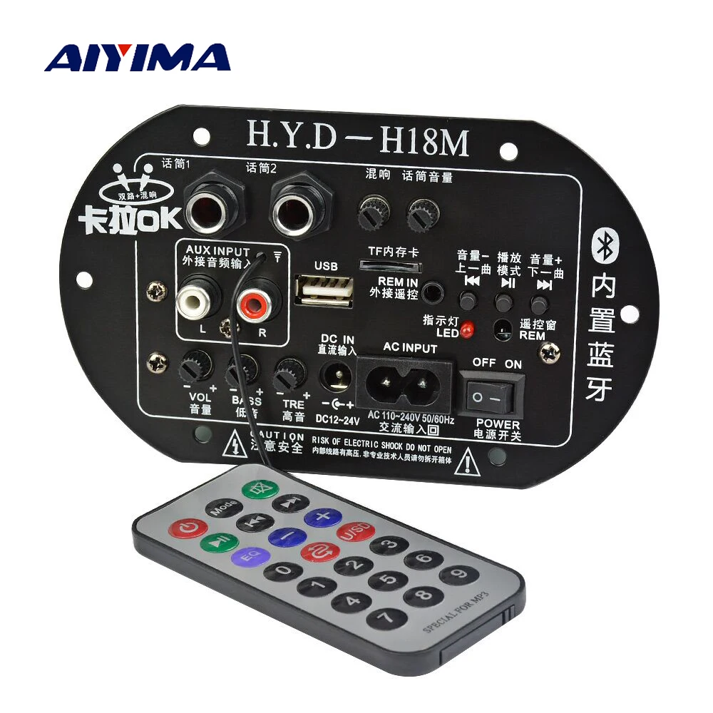 AIYIMA Mono Subwoofer Amplifier Board Dual Microphone K Song Bluetooth Amplifier 30-150W For 6-10Inch Speaker 220V 12V 24V