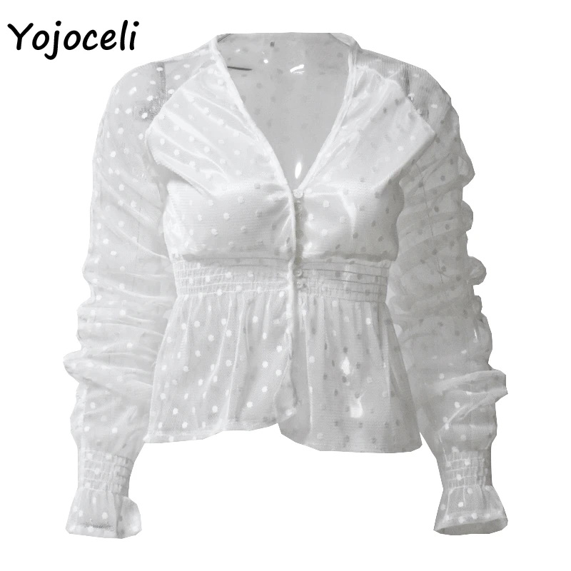 Yojoceli Весна-осень 2019 кружевное платье в горошек женские блузки рубашки Длинные