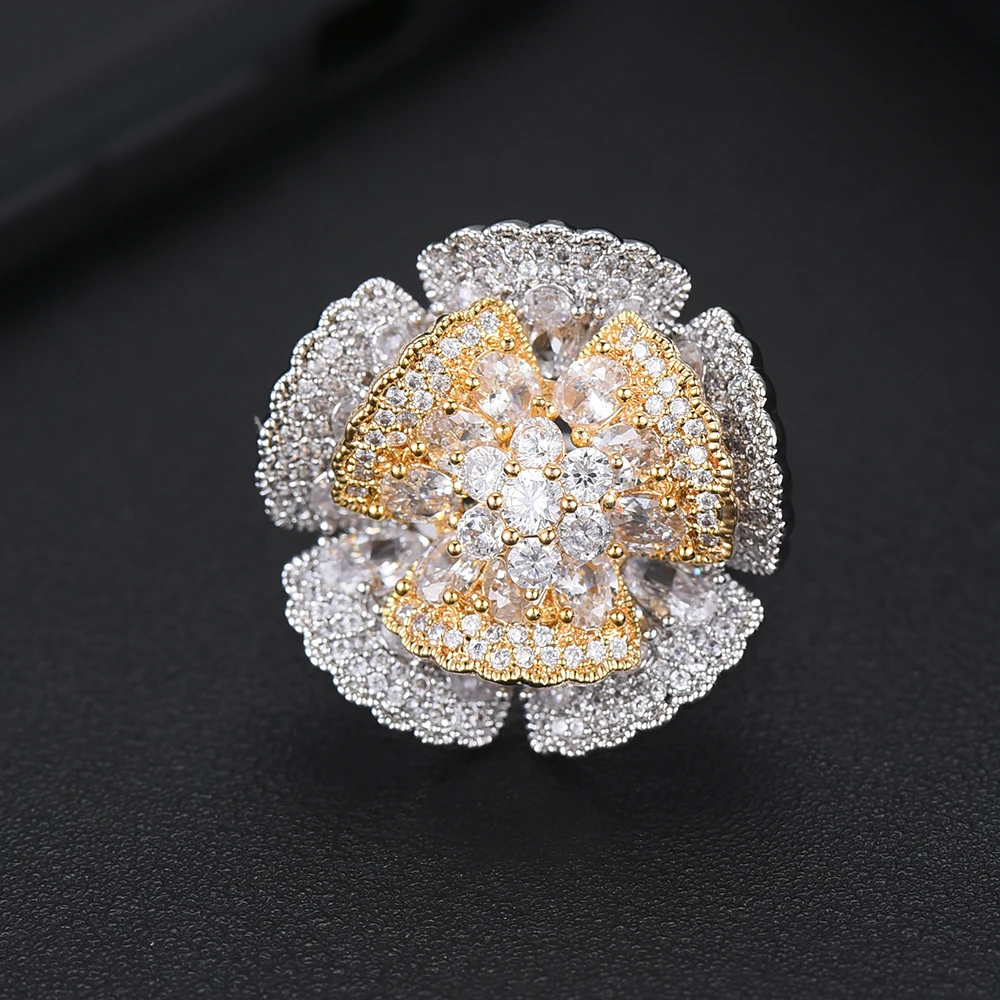 GODKI Luxury Flower Blossom Cubic Zircon Wedding Ring for Women Bridal Engagement Wedding Jewelry CZ Accessories Two Finger Ring