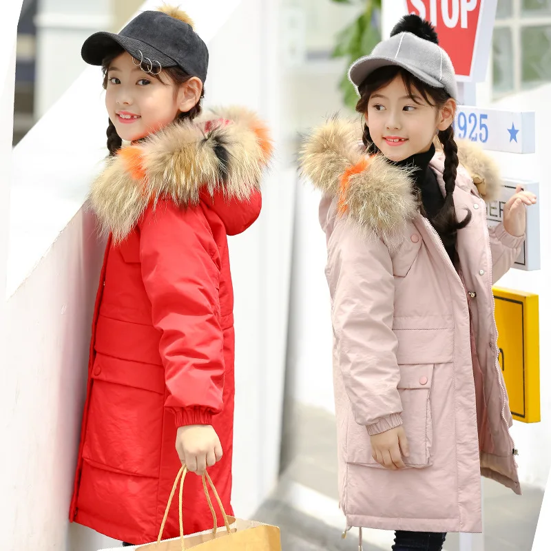2018 г. Новая зимняя куртка пуховик для девочек плотное длинное Детское пальто с