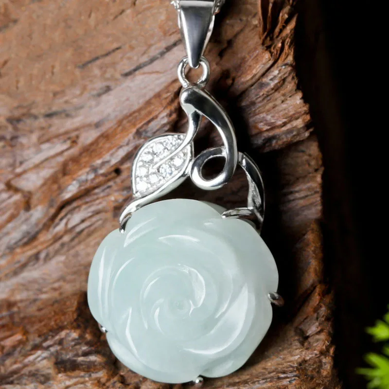 

S925 Silver Jewelry Drop Shipping Natural Jade Rose Pendant Necklace Chinese Style Hand-carved Lucky Amulet Necklace Gift
