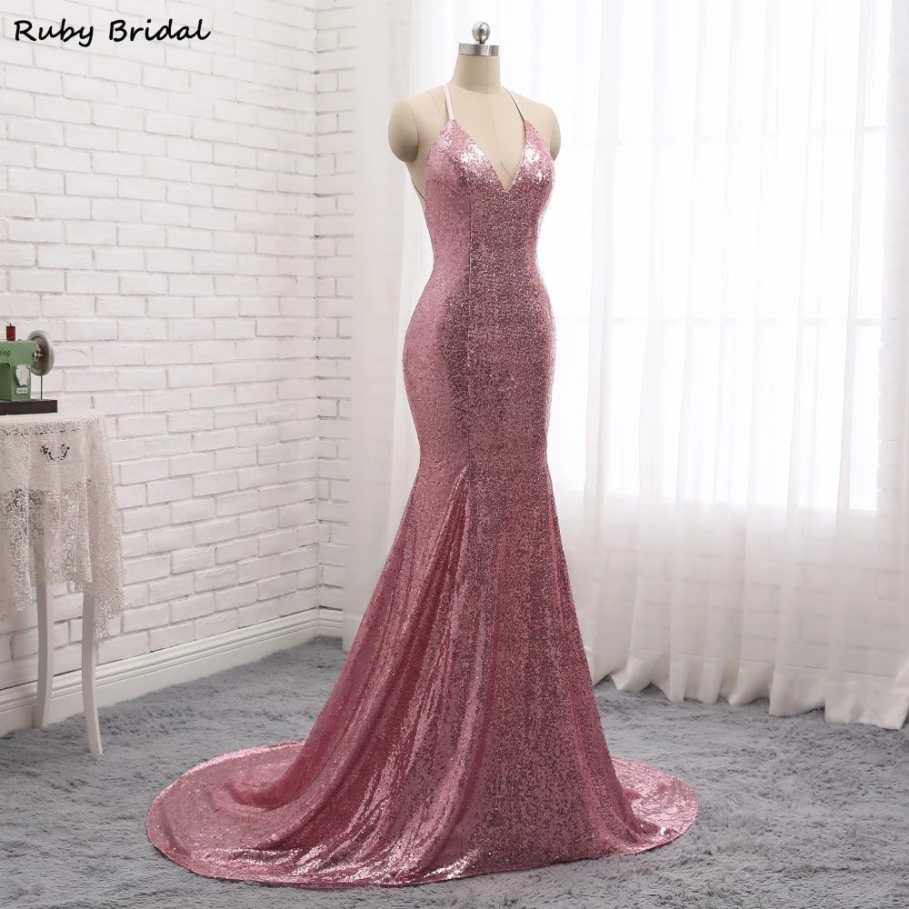 Женское вечернее платье с открытой спиной Ruby Bridal розовое блестками и модель PW938