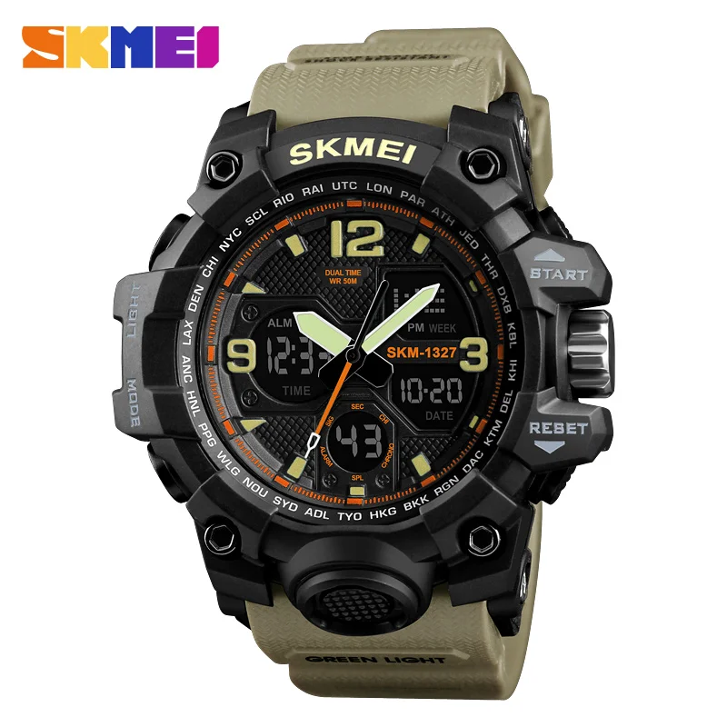 Khaki Watch SKMEI Для мужчин Открытый спортивные часы 2 отображения времени хронограф 50 м Водонепроницаемый часы моды Повседневное наручные часы Relogio Masculino - Цвет: Khaki Watch