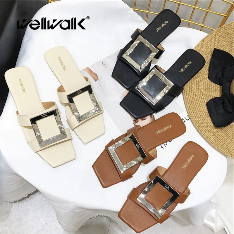 Wellwalk/домашние тапочки на плоской подошве с пряжкой женские шлепанцы без шнуровки