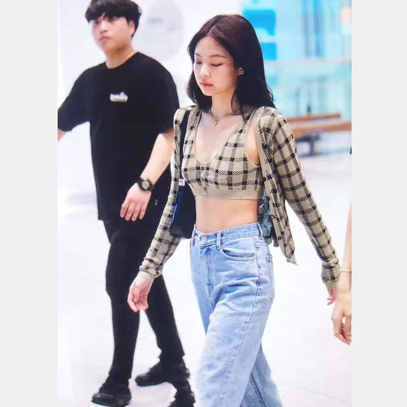 Kpop Blackpink JENNIE Новинка Harajuku Вязание решетки женские толстовки с капюшоном; сезон осень уличная сексуальная свободная толстовка женская одежда