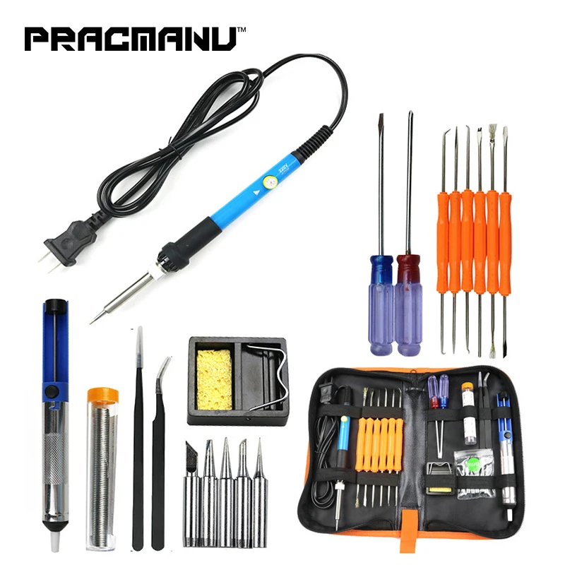 

PRACMANU 60W Adjustable Temperature Electric Soldering Iron Kit+5pcs Tips Portable Welding Repair Tool Tweezers Hobby Knife