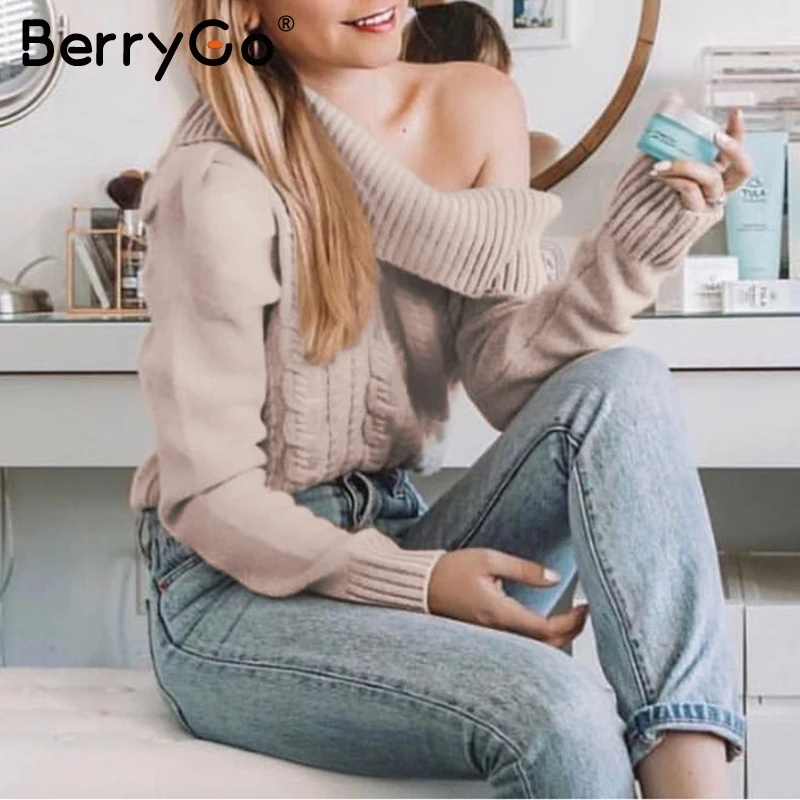 BerryGo Sexy one shoulder knitted sweater women Vintage puff sleeve pullovers female jumper Warm ladies autumn winter minimalist | Женская