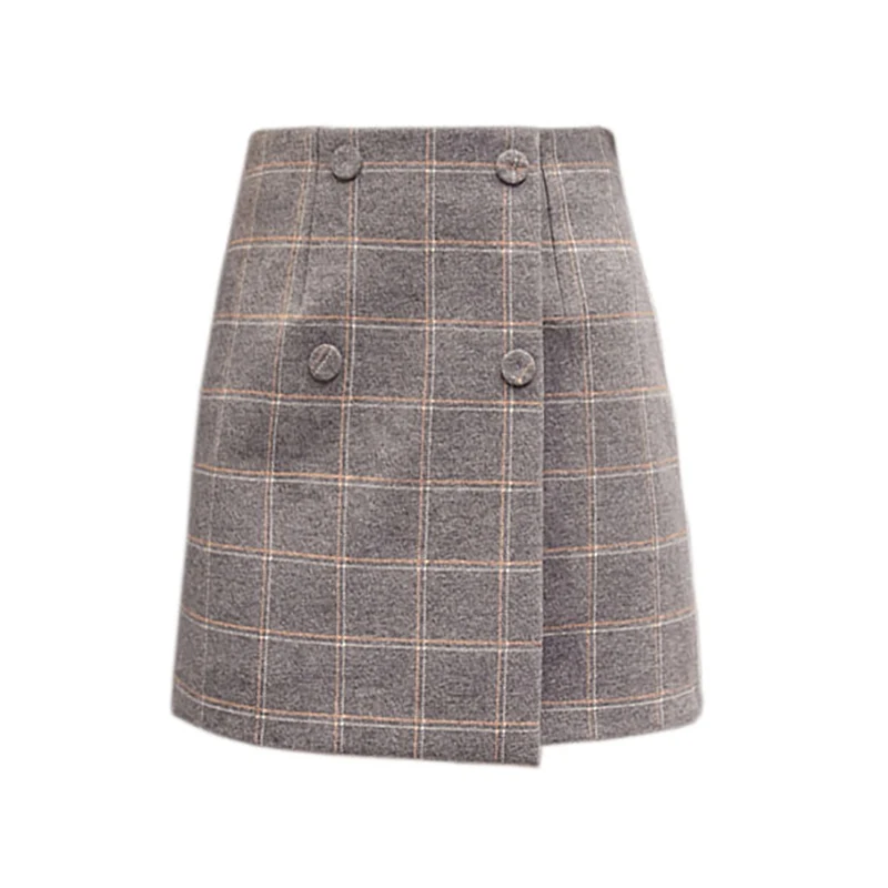 

Autumn Winter Ladies Short Skirts Elegant Sweet Plaid Mini Skirts Female Harajuku Button Woolen High Waist A-Line Wrap Skirts