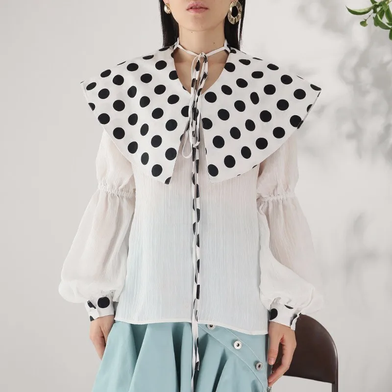 TWOTWINSTYLE Лоскутная рубашка в горошек Женская шаль со шнуровкой Ruched фонарь рукав